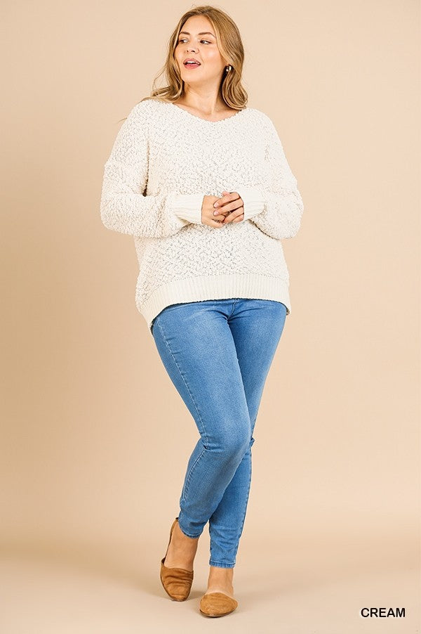 Long Sleeve V-Neck Fuzzy Soft Knit Pullover Sweater In Curvy!