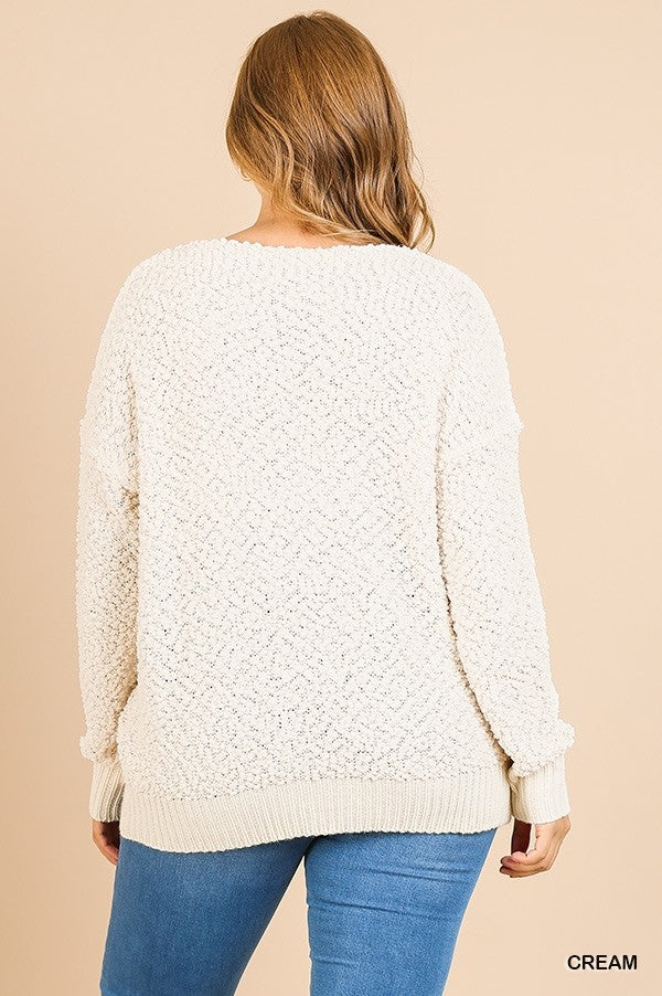 Long Sleeve V-Neck Fuzzy Soft Knit Pullover Sweater In Curvy!