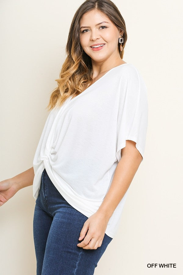 Short Sleeve V-Neck Top with Center Knot Cross Detail In Curvy Style!