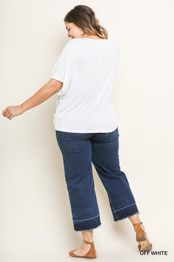 Short Sleeve V-Neck Top with Center Knot Cross Detail In Curvy Style!